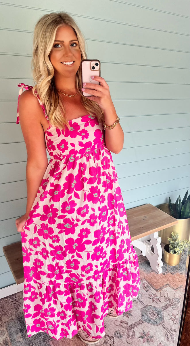 Pink and teal floral midi dress – gritandcharmboutique